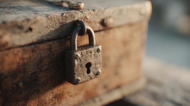 Close-up of an old, weathered wooden box with a lock on it. the lock is made of metal and has a keyhole in the center.