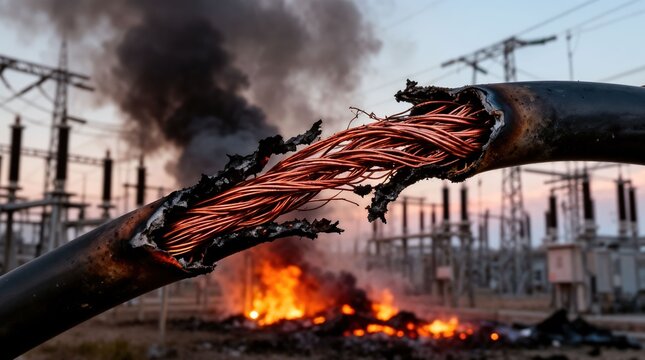 Burnt high voltage power cable at electrical substation
