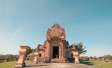 The intricate pink sandstone architecture and carved lintels of the main sanctuary at Phanom Rung Historical Park in Buriram, Thailand