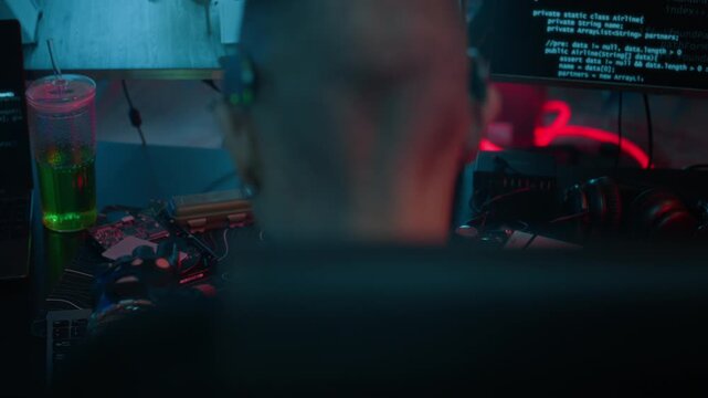 Back view of young tattooed cyberpunk hacker stealing data on computer while sitting at table with banking cards and digital devices in neon workspace