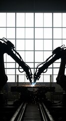 Robotic arms welding metal with sparks flying in a factory setting against a grid window