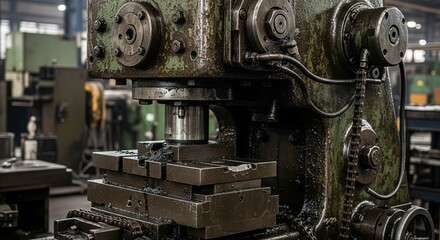Fototapeta premium Close up view of an old oily industrial machine with metal shavings on its surface