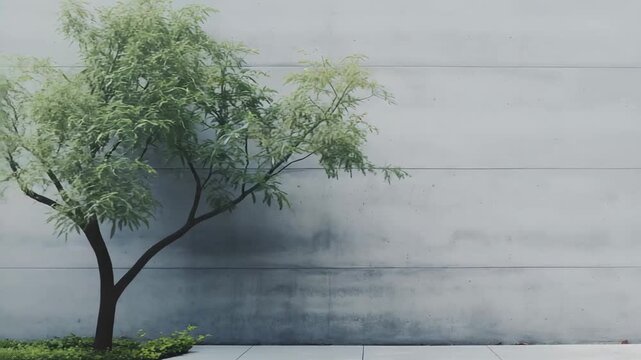 Modern architectural background showcasing a clean, minimalist concrete wall with parallel lines, contrasting with a vibrant green tree on one side and providing ample copy space