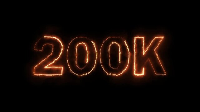 200K celebration effect motion video Glowing neon text icon animation on black background.  200k followers, like, comment, Celebration text animation.