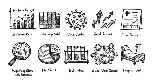 Black and white sketch icons showing healthcare statistics including incidence rate, test tubes and a hospital bed on a white background.