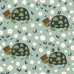 cute hand drawn cartoon character funny turtle with hat and eyeglasses in the meadow with daisy flowers seamless vector pattern background  illustration for children