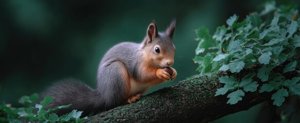 Obraz premium squirrel cradles an acorn tenderly on a branch radiating joy and curiosity