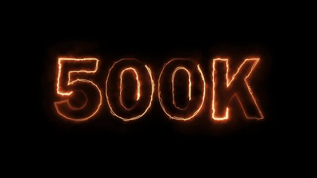 500K celebration effect motion video Glowing neon text icon animation on black background.  500k followers, like, comment, Celebration text animation.
