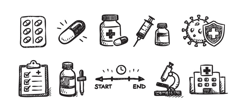 Black and white doodles show a medical concept, including pills, syringes, microscope and hospital, illustrating healthcare from start to end.