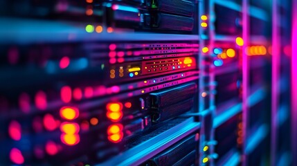 Obraz premium A close-up view of a server room with colorful lights illuminating the rows of computer equipment