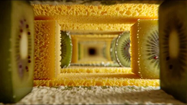 Abstract tunnel of frozen kiwi and mango cubes with frost creates geometric depth of fresh fruit composition
