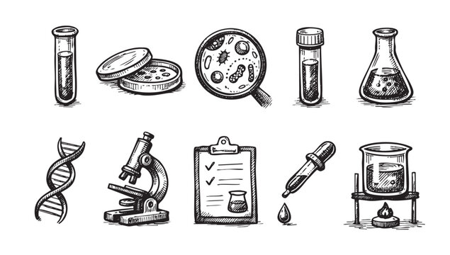 Black and white sketch shows a range of lab tools, including test tubes, a microscope, and petri dishes, isolated on a clean white backdrop.