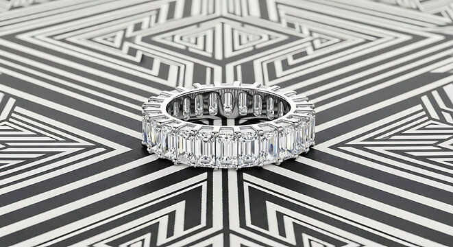 Emerald Cut Diamond Eternity Band Ring on Abstract Background