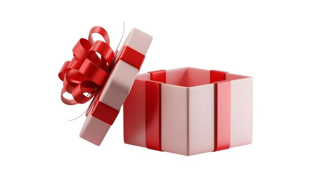 Open gift box with red ribbon and bow, isolated on white background for festive surprises and celebrations