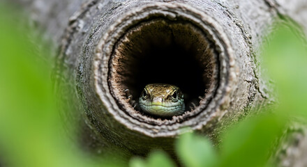 Fototapeta premium Lizard peeking from a tree hole in a natural habitat