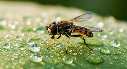Close-up of a fly on a leaf with water droplets