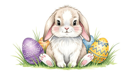 Cute Easter bunny with colorful eggs in grass
