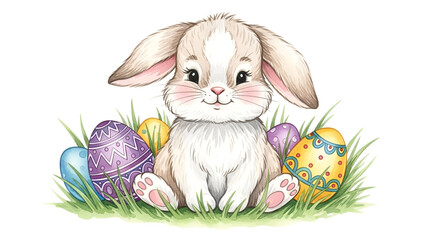 Cute Easter bunny with colorful eggs in grass