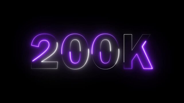 200K celebration effect motion video Glowing neon text icon animation on black background.  200k followers, like, comment, Celebration text animation.