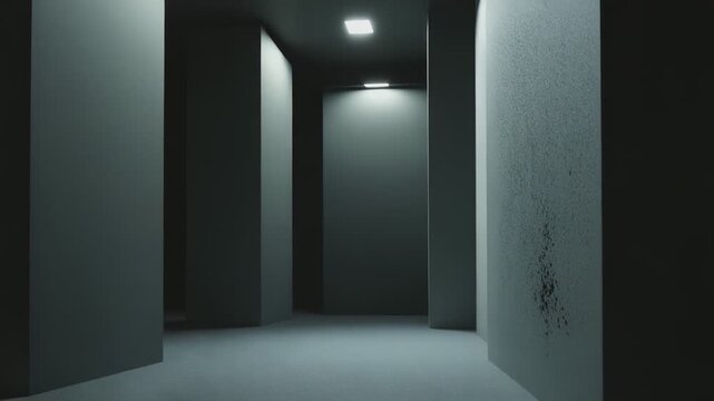 Abstract composition creating a mysterious environment with intersecting dark grey walls and subtle lighting, suggesting a complex path or modern interior architecture