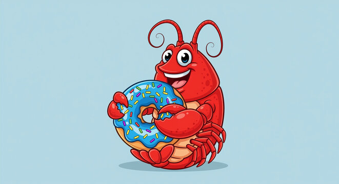 Cartoon red lobster mascot happily holds a delicious blue donut adorned with colorful sprinkles, presented as a cute and cheerful vector illustration on a light blue background.