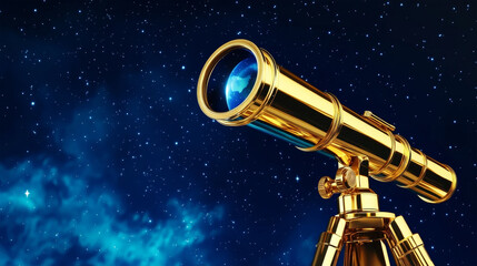 Fototapeta premium Shiny golden telescope pointed at a starry night sky with a glowing blue Earth visible in the lens