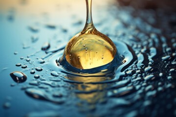 Golden oil drop creating a ripple effect on a dark water surface, showing immiscibility and surface tension