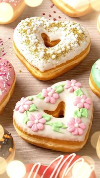A delightful overhead close-up showcases an enticing array of heart-shaped and round donuts, artfully arranged on a light wooden surface. Each pastry boasts vibrant, colorful glazes, meticulously appl