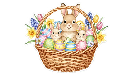 Adorable Easter bunnies in colorful basket with eggs and flowers
