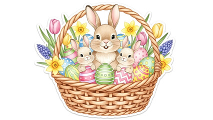 Easter bunnies in basket with flowers and eggs