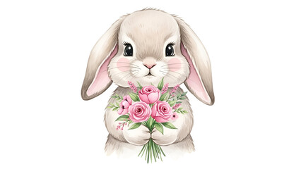 Adorable bunny holding pink roses bouquet