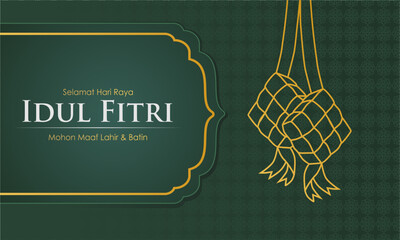 Idul Fitri 2026 greeting background featuring hanging ketupat ornament with large copy space. Ideal for Eid Mubarak cards, banners, posters, corporate greetings, and Islamic promotions. © Budi