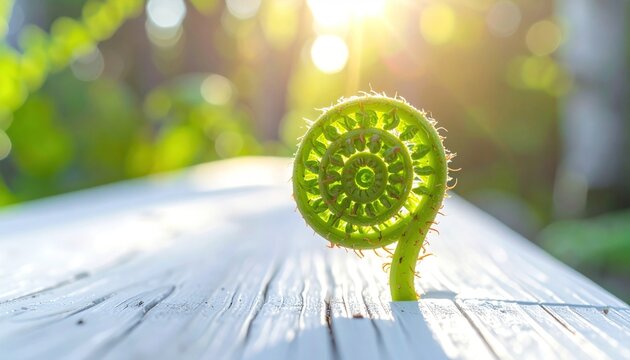 Close up of a young fern frond unfurling in the sunlight.