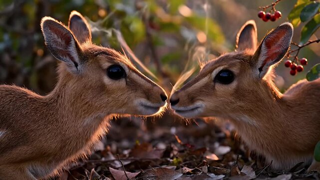 Two baby antelopes share an intimate moment in golden cold air