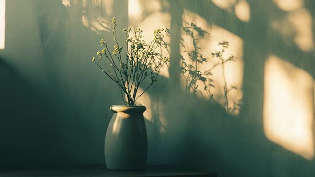 Dried botanicals in a ceramic vase on a table bathed in warm sunlight, casting long window frame shadows on textured wall for a minimalist, tranquil interior scene