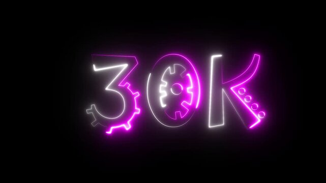 30K celebration effect motion video Glowing neon text icon animation on black background.  30k followers, like, comment, Celebration text animation.
