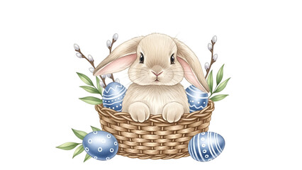 Adorable bunny in basket with Easter eggs and spring flowers