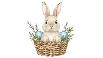 Cute Easter bunny in basket with eggs and greenery