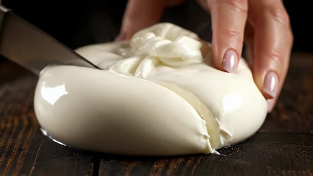 Woman slicing fresh burrata cheese revealing creamy filling