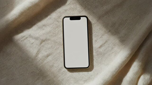 Smartphone with blank screen on a beige fabric background with sunlight shadows.