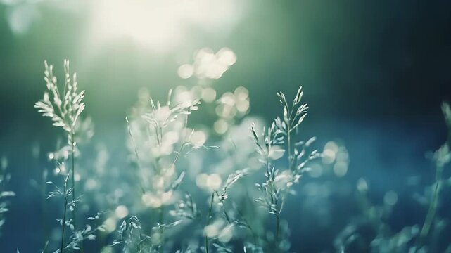 Delicate grass panicles are catching soft morning sun rays, creating an ethereal and serene natural backdrop with a gentle bokeh effect, symbolizing freshness and peace