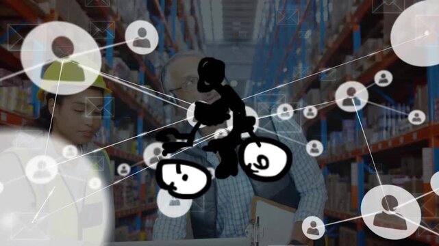 The video shows a caucasian male manager and hispanic female employee working at a warehouse