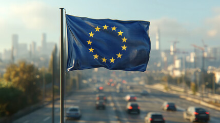 Eu flag waving proudly on a pole, set against a vibrant urban backdrop with blurred traffic flowing during a stunning sunset