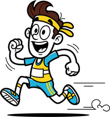 Naklejka premium Lively cartoon runner with a big smile and athletic attire races ahead, embodying speed, fitness, and the joy of an active pursuit