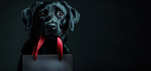 Black labrador carrying shopping bag with red handles against dark backdrop, symbolizing retail sales and consumer excitement