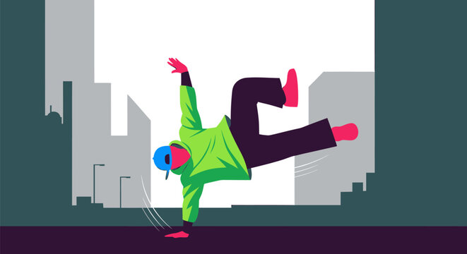 Dynamic illustration of a skilled breakdancer executing an impressive freeze move in an urban street environment, embodying energetic hip-hop culture and modern street art