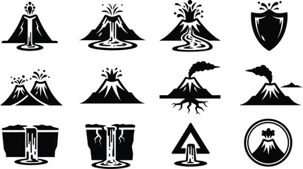 Fototapeta premium Volcanic activity, from dormant to erupting. Dormant volcanoes, erupting volcanoes with flowing lava, and explosive eruptions with ash clouds. 