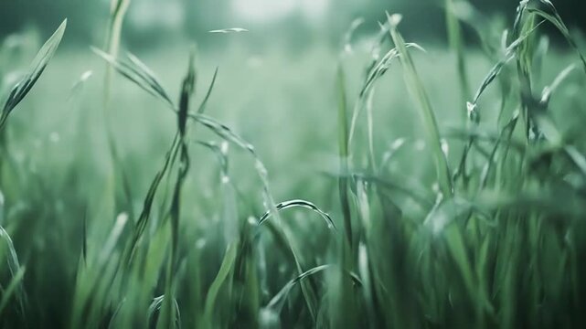 Green grass blades are covered in delicate water droplets, capturing the essence of morning dew and natural freshness, creating a serene and vibrant organic background