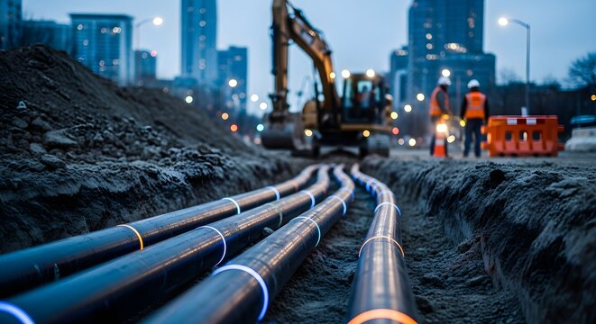 Underground Cable Installation with Heavy Machinery and Cityscape at Dusk