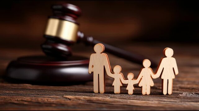 Judge Sits at Wooden Table With Gavel and Wooden Figures of Family Demonstrating Law and Justice in Courtroom Setting